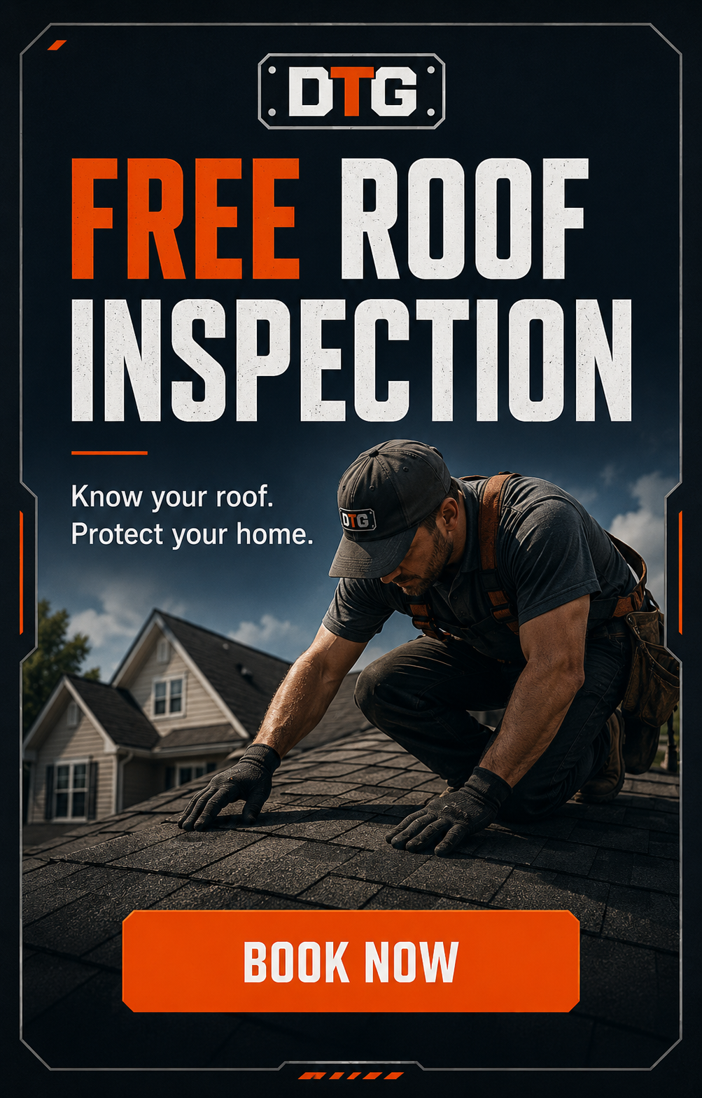 Offer ad — Free Roof Inspection with a Book Now button and a roofer inspecting shingles