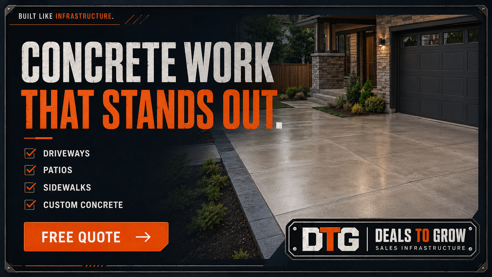 Concrete coatings ad — Concrete Work That Stands Out, service checklist, and a free quote button over a finished driveway