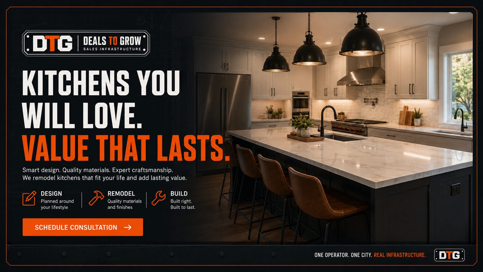 Kitchen and bath remodeling ad with a finished kitchen visual