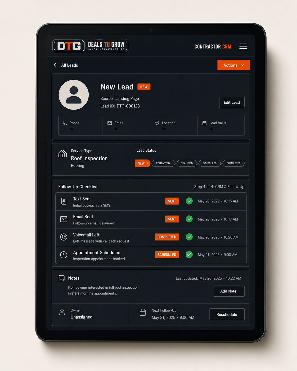 CRM follow-up screen