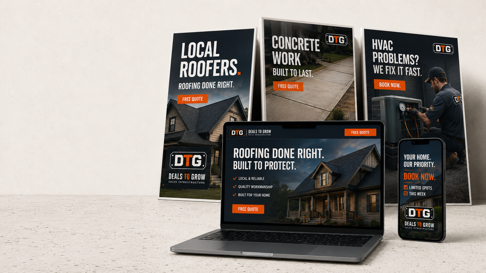 DTG ad creatives for roofing, concrete, and HVAC shown across posters, a laptop landing page, and a phone