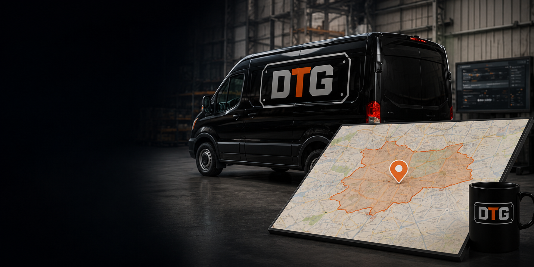 DTG van parked beside a wall-mounted territory map