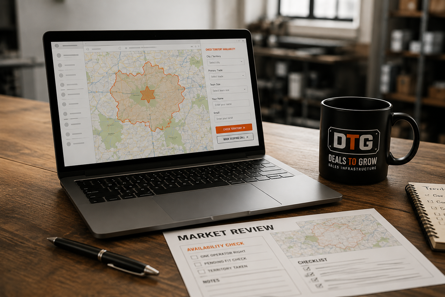 Operator reviewing a market on a desk of territory documents