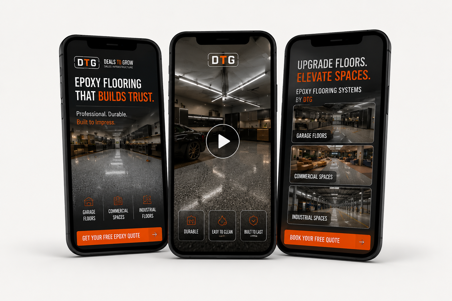 Three phones showing epoxy flooring campaign pages — garage, commercial, industrial