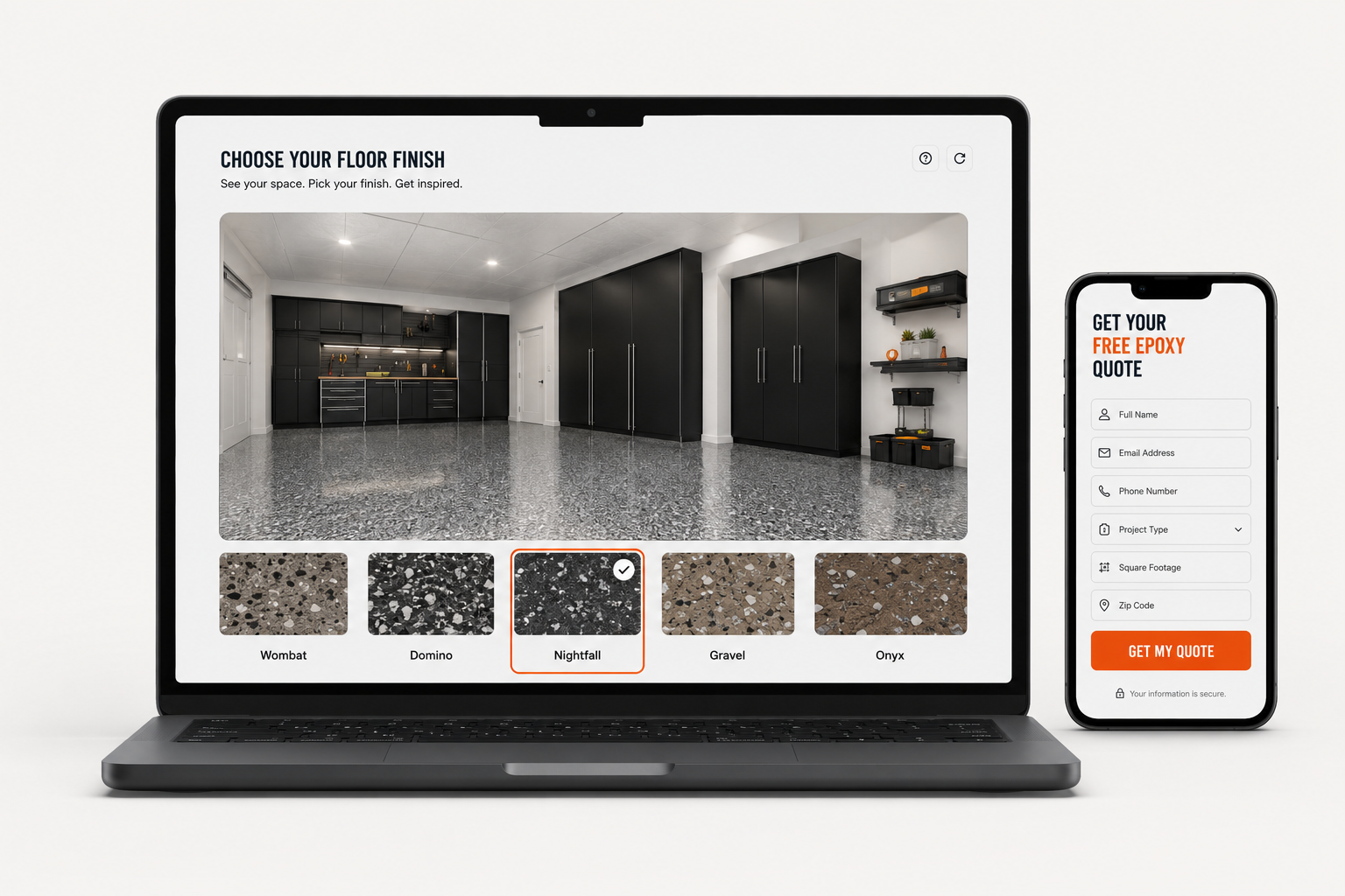 Laptop and phone showing epoxy floor finish selector with instant quote