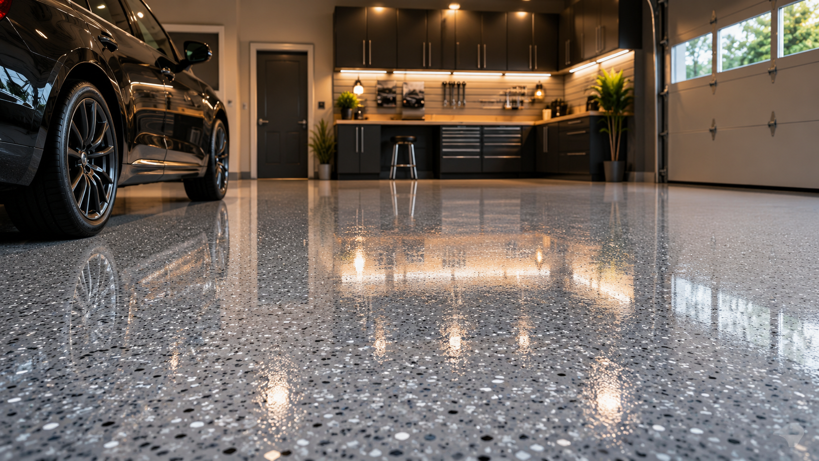 Residential garage with polished metallic flake epoxy floor