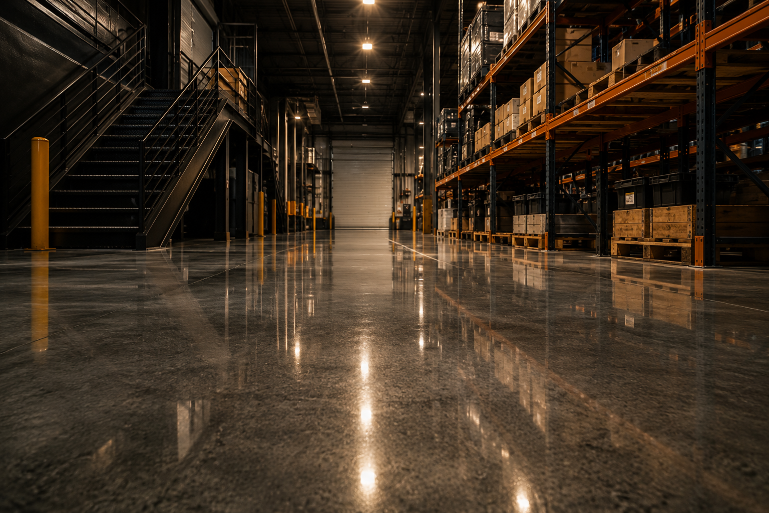 Industrial warehouse with reflective epoxy floor