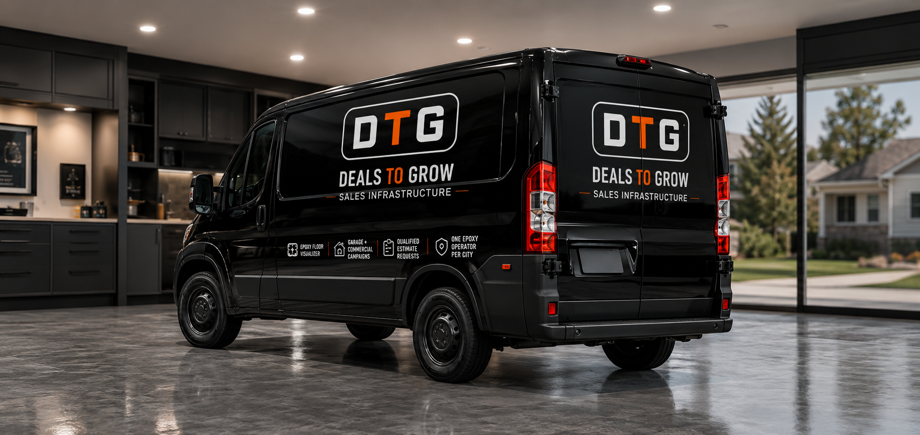 DTG sales infrastructure van parked in a freshly epoxied garage