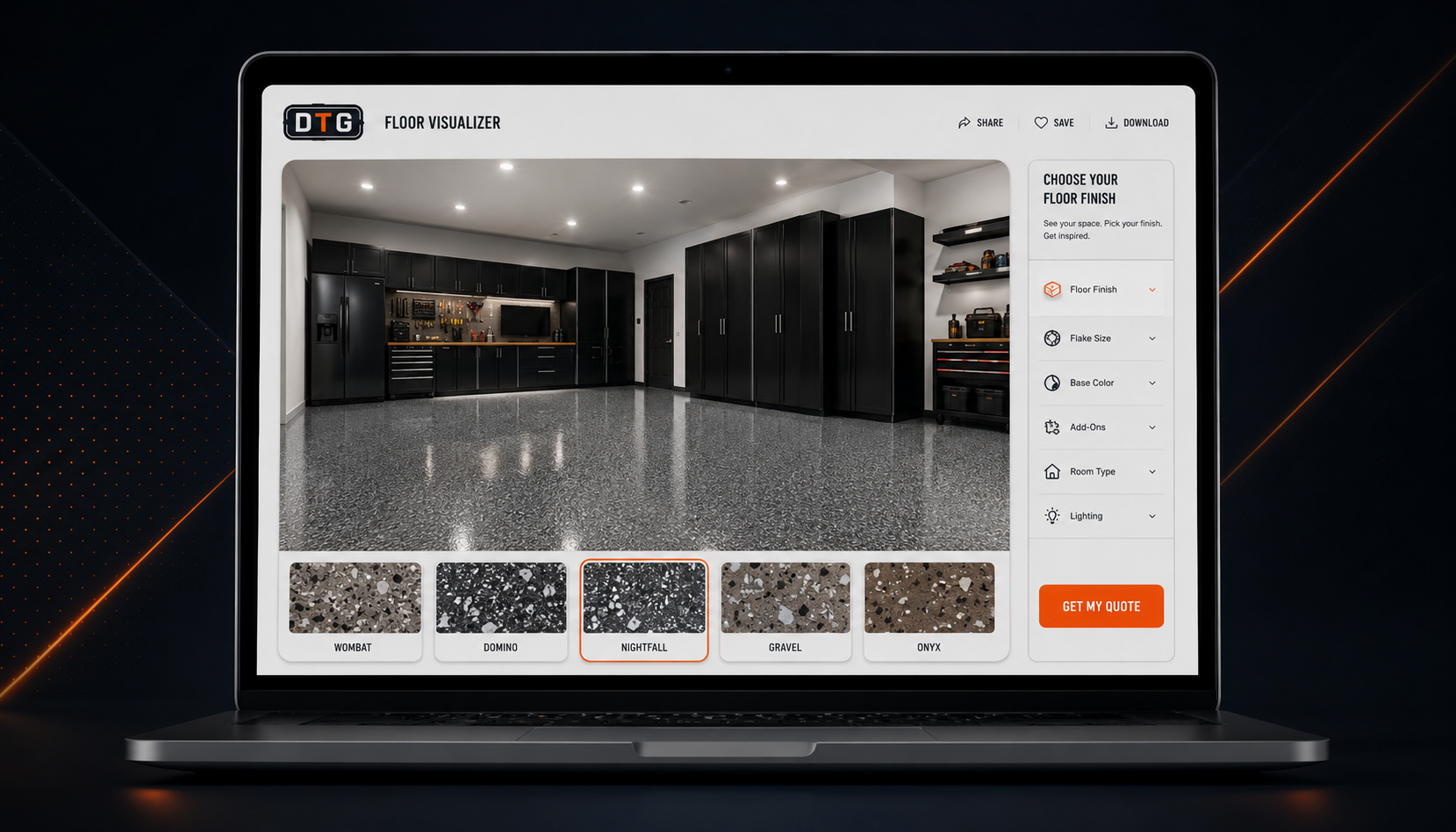 DTG floor visualizer — choose your finish, get your quote
