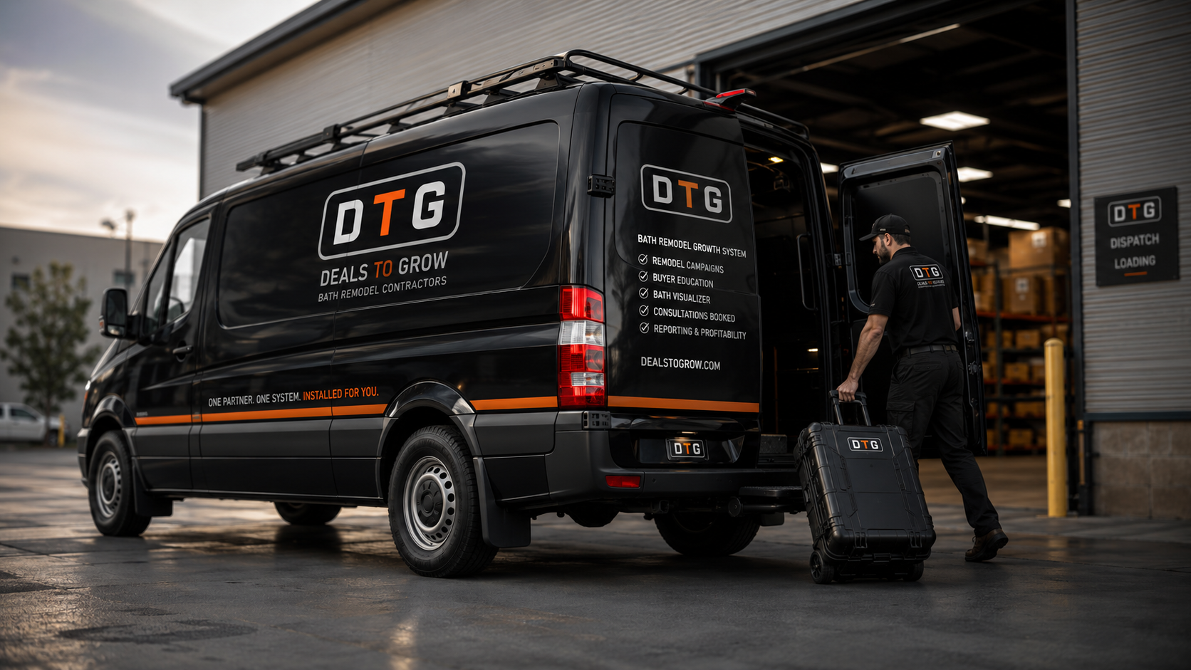 DTG van parked outside a finished bath remodel site