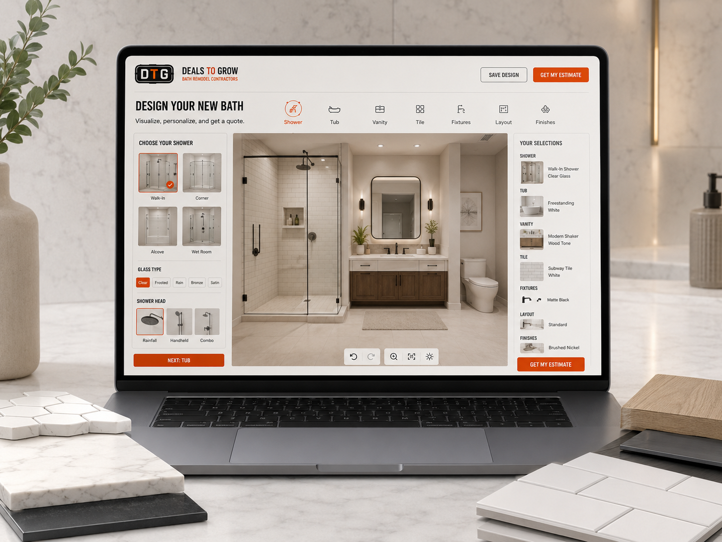 Bath design visualizer on a laptop with material samples