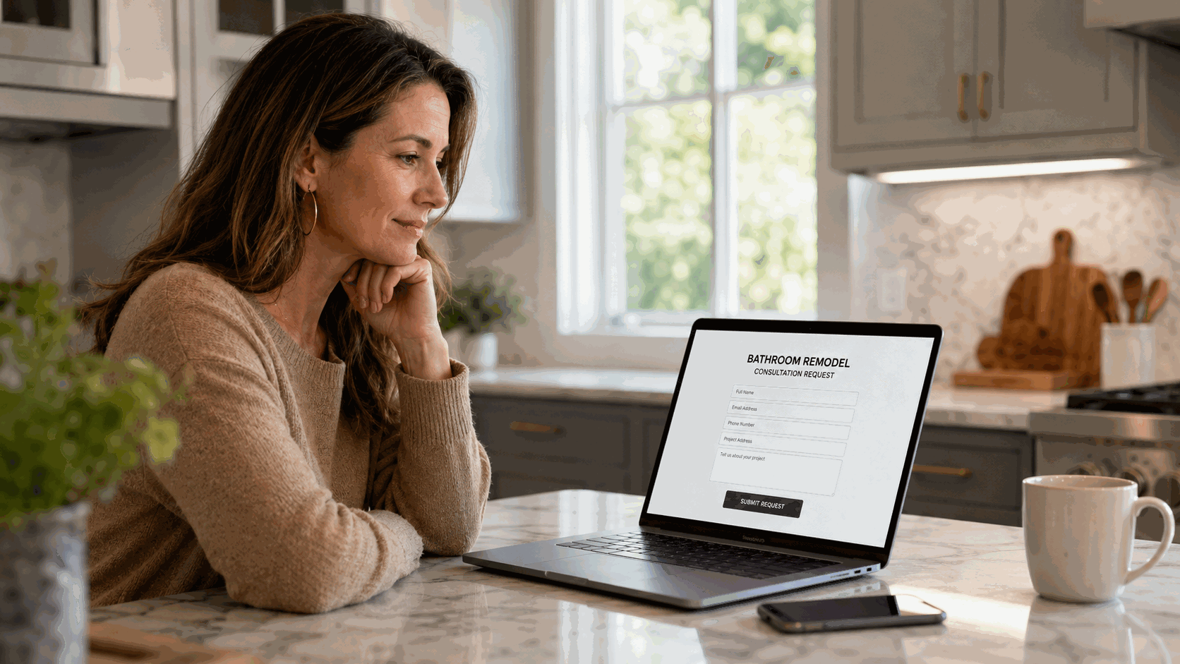 Homeowner submitting a bathroom remodel consultation request on a laptop