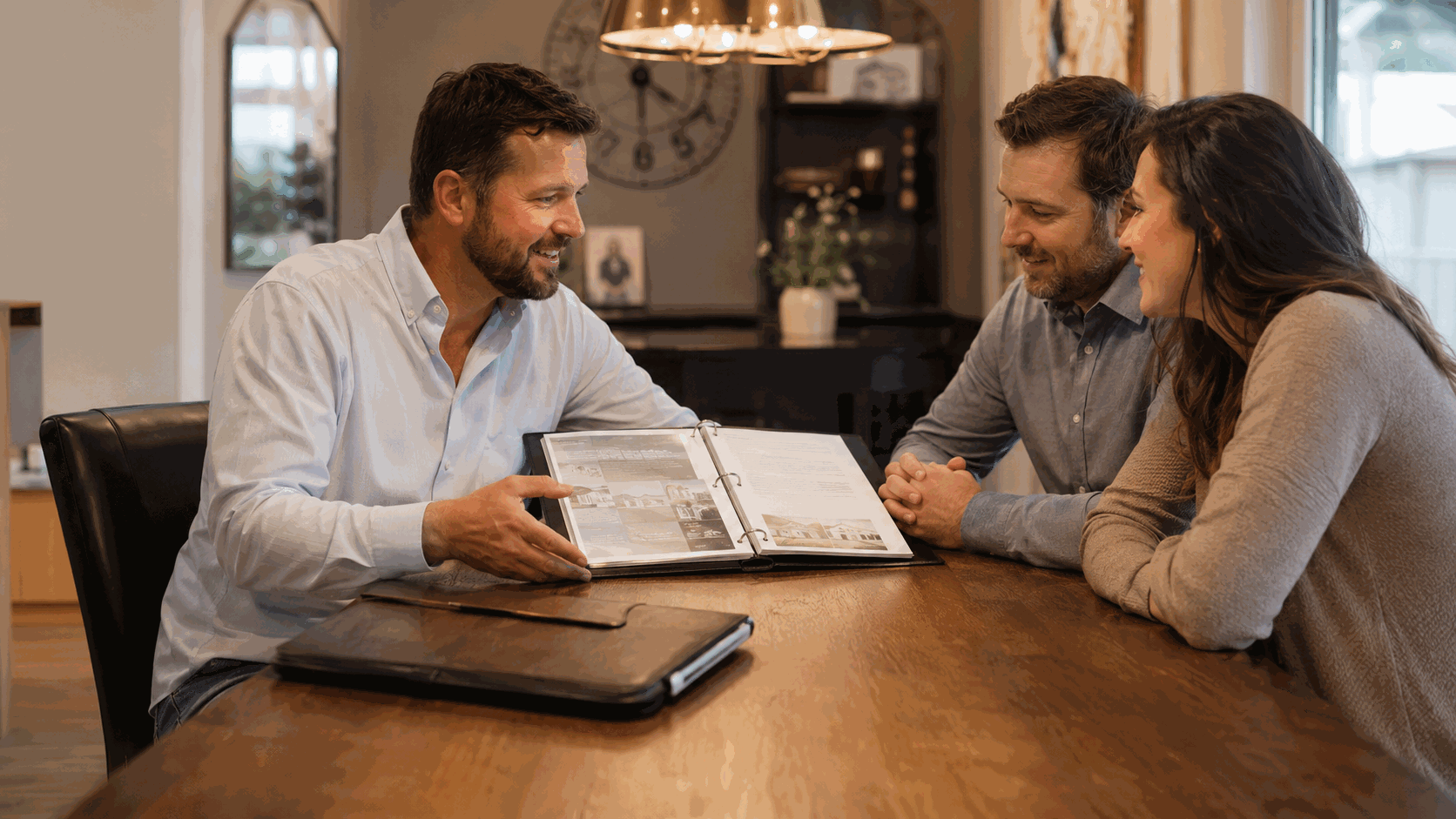 Consultant walking homeowners through a remodel portfolio binder