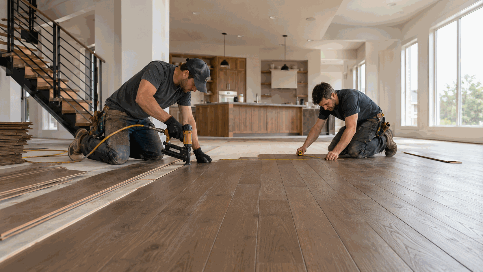 Two-man crew nailing hardwood planks in an open living room