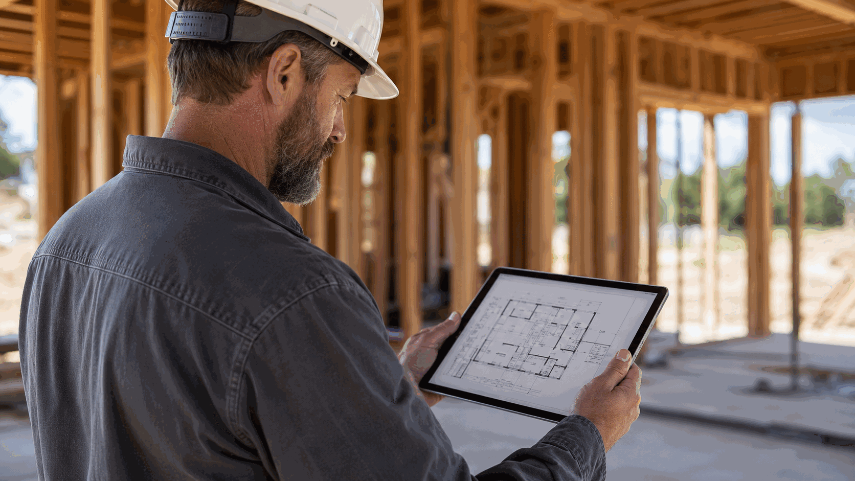 General contractor reviewing plans on a tablet inside a framed new build