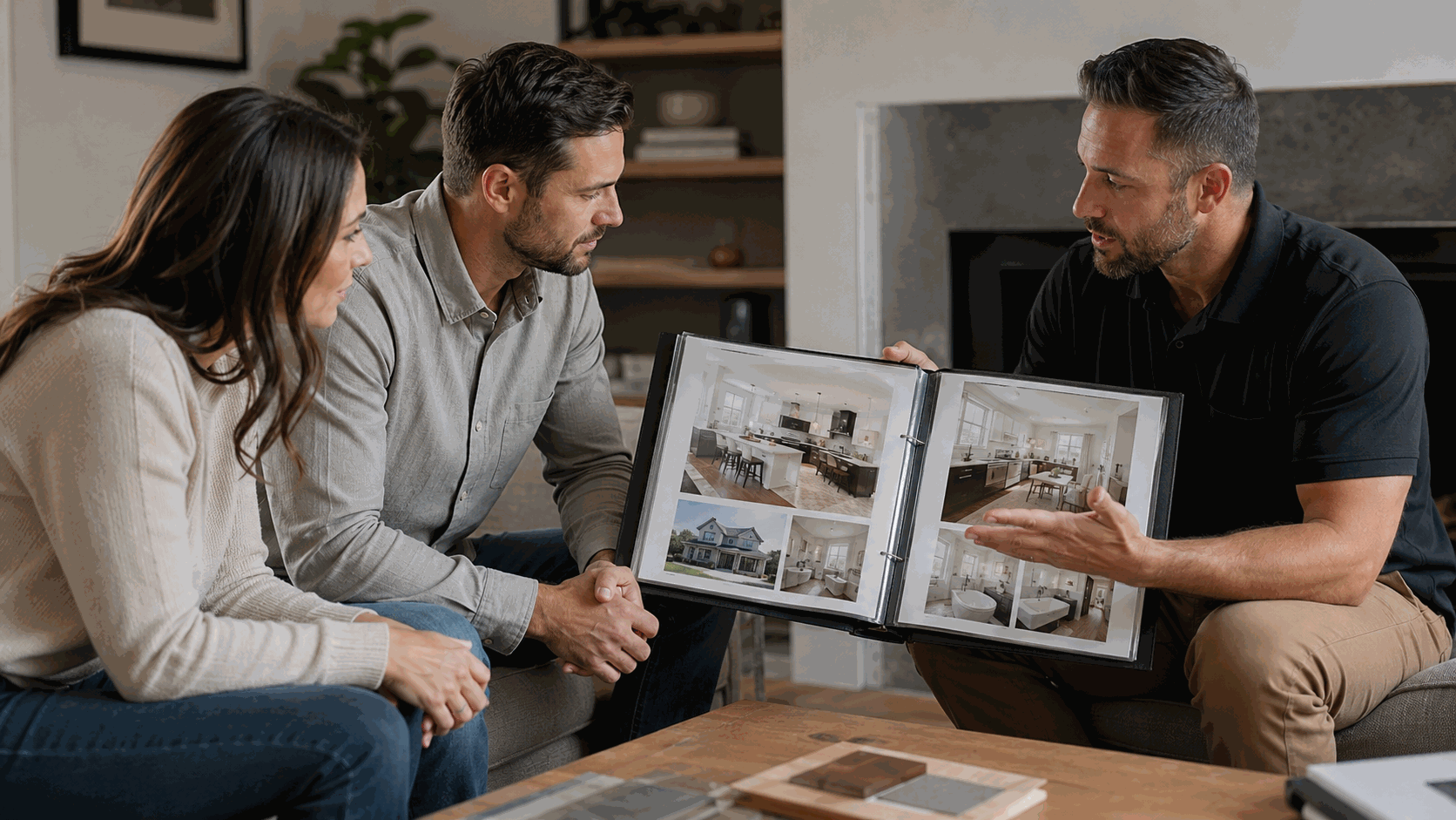 Contractor walking a couple through a portfolio book of finished projects