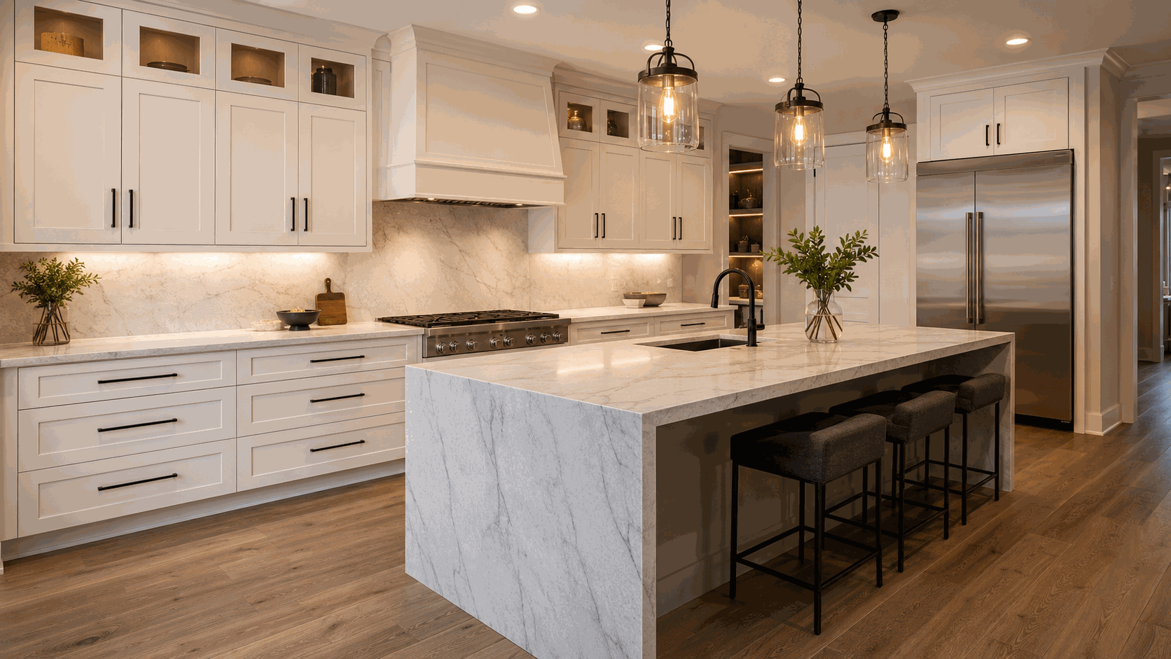 Finished white-and-marble kitchen remodel with island seating