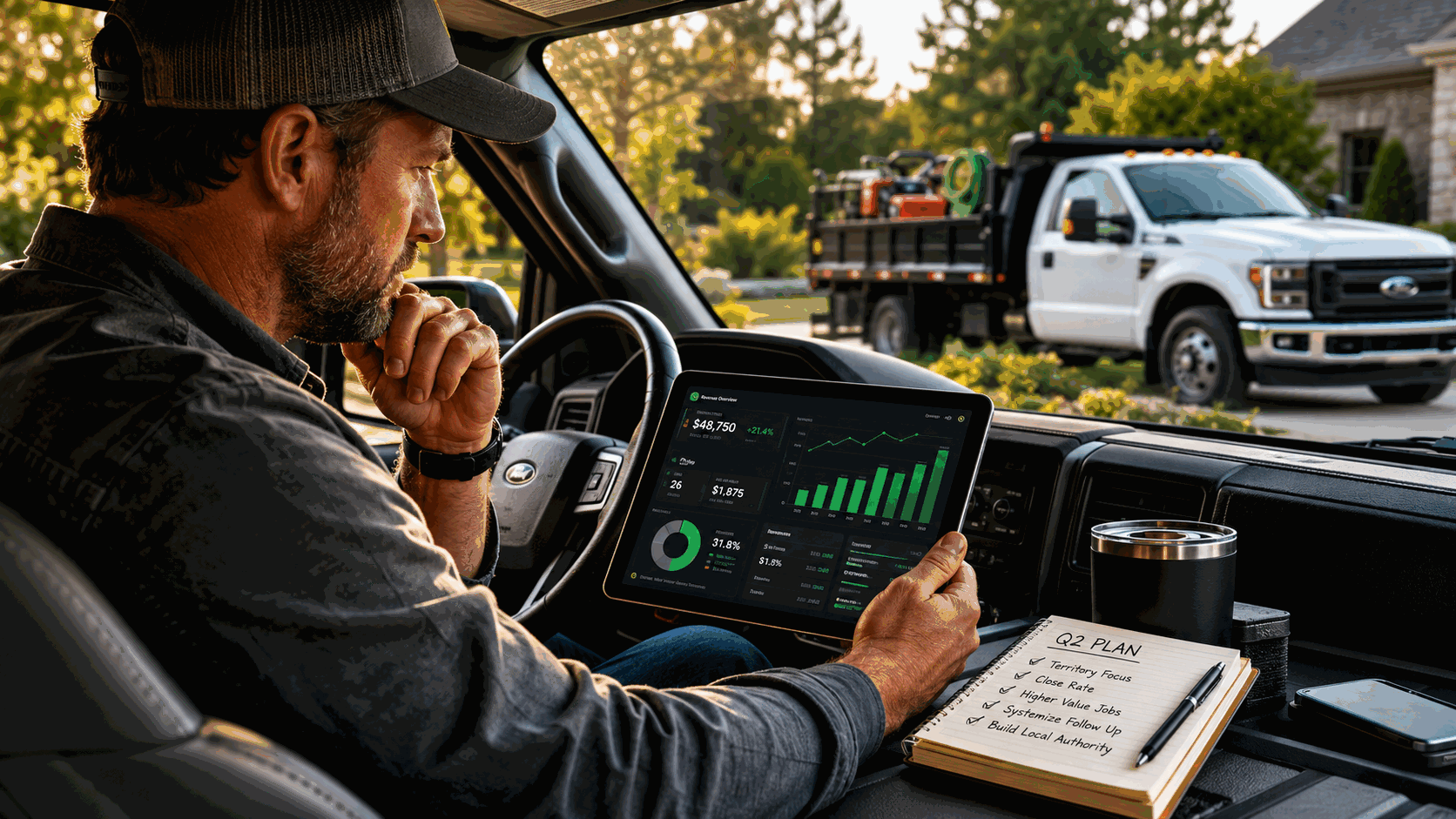 Landscaping owner in his truck reviewing a revenue dashboard and quarterly plan