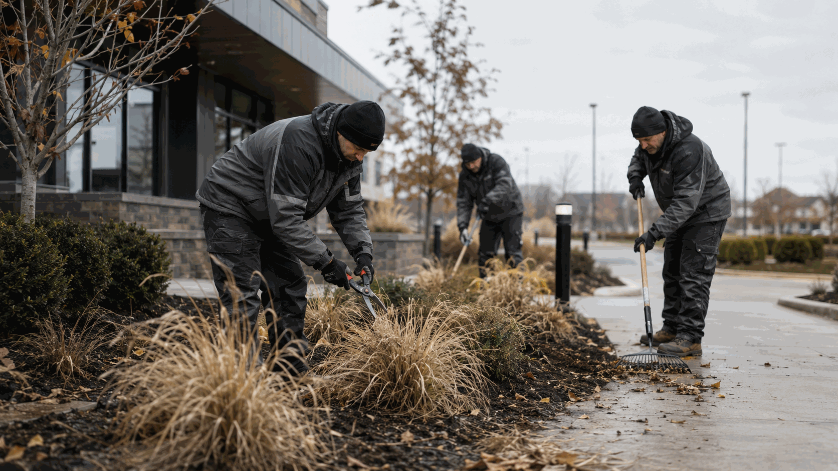 Three-person crew on seasonal cleanup duty at a commercial property