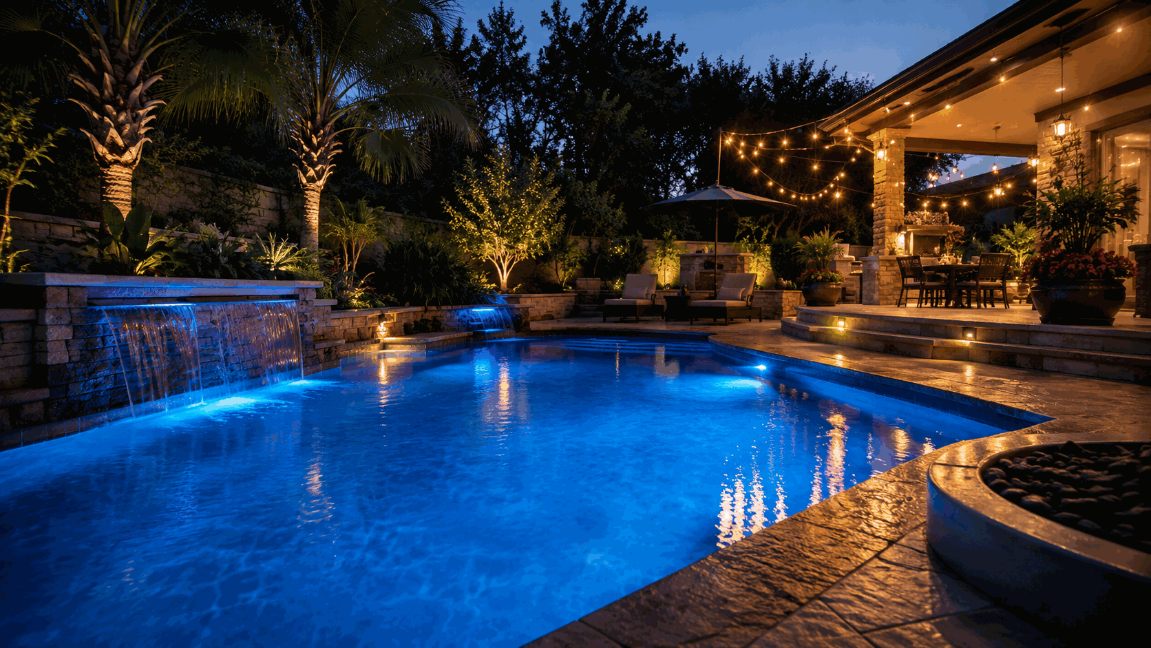 Finished pool with waterfall, lighting, and patio seating at night