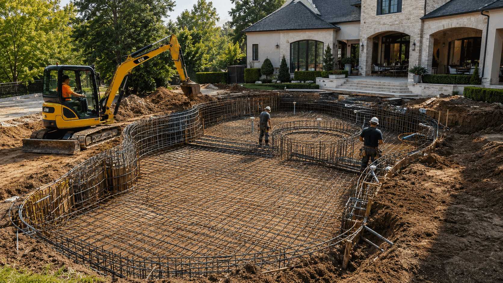 Excavated pool site with the rebar shell taking shape in front of a home