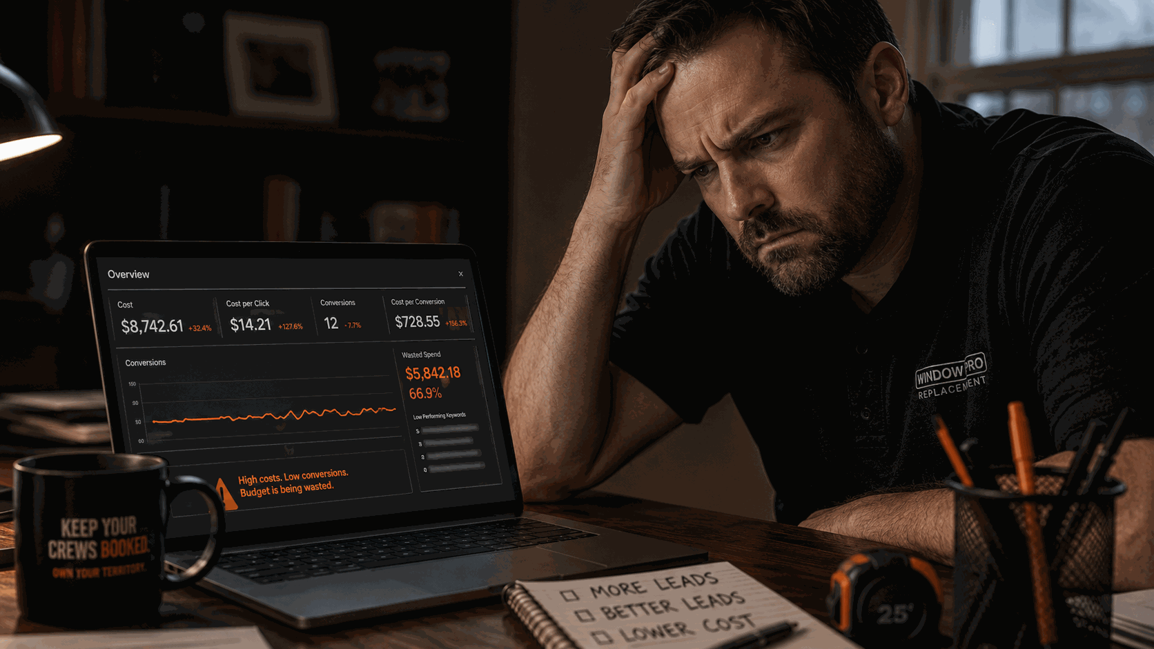 Window contractor at a laptop after hours, staring at scattered ad dashboards