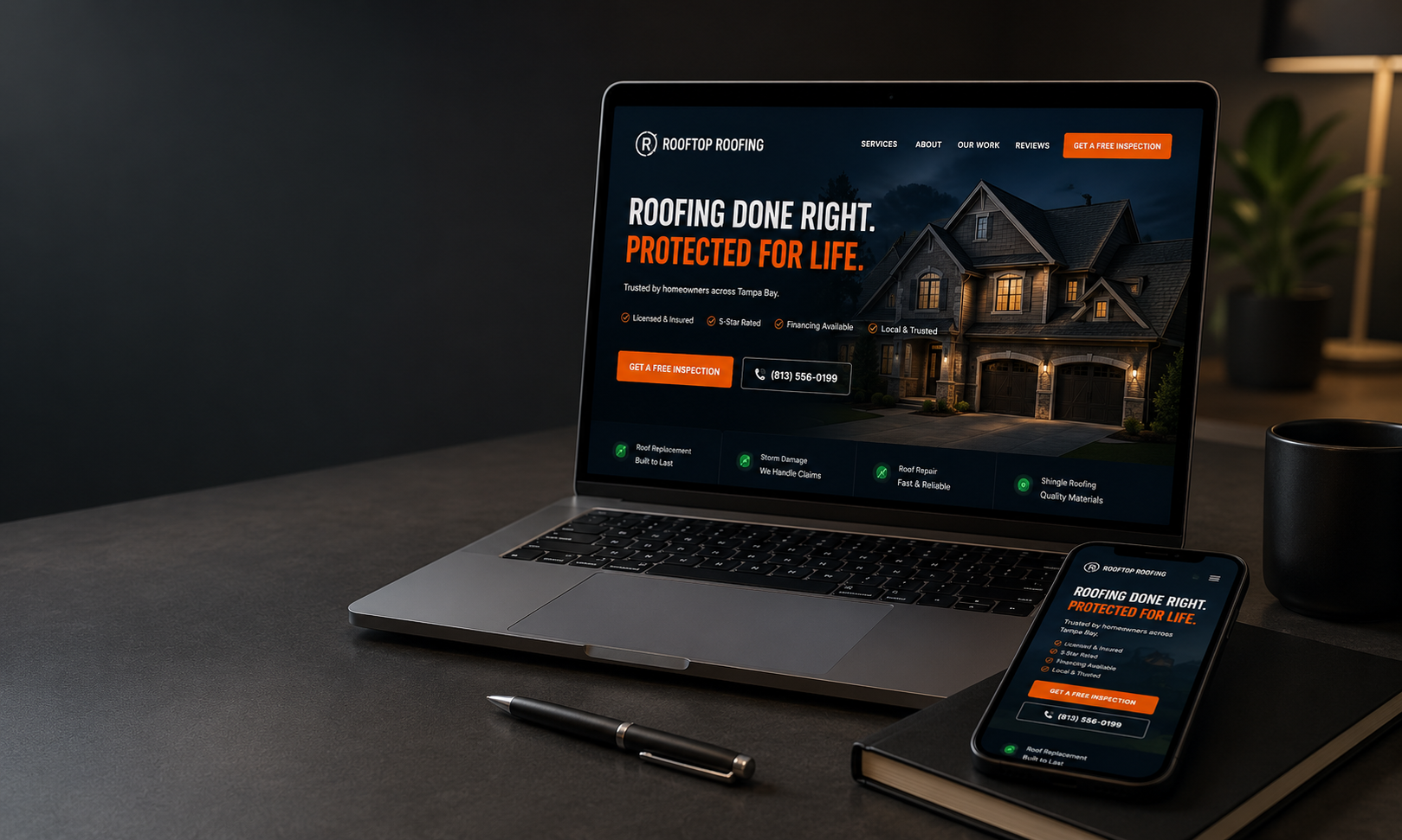 Authority website on a laptop and phone — dark roofing build on a desk