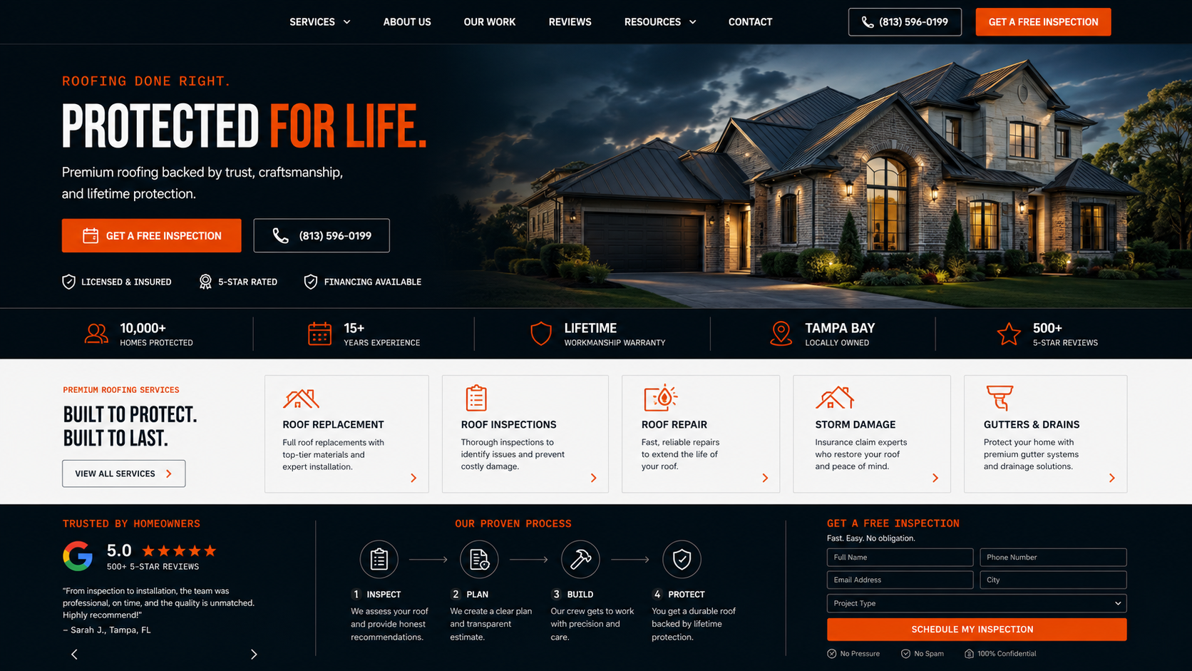 DTG-built authority website — dark, conversion-focused roofing homepage