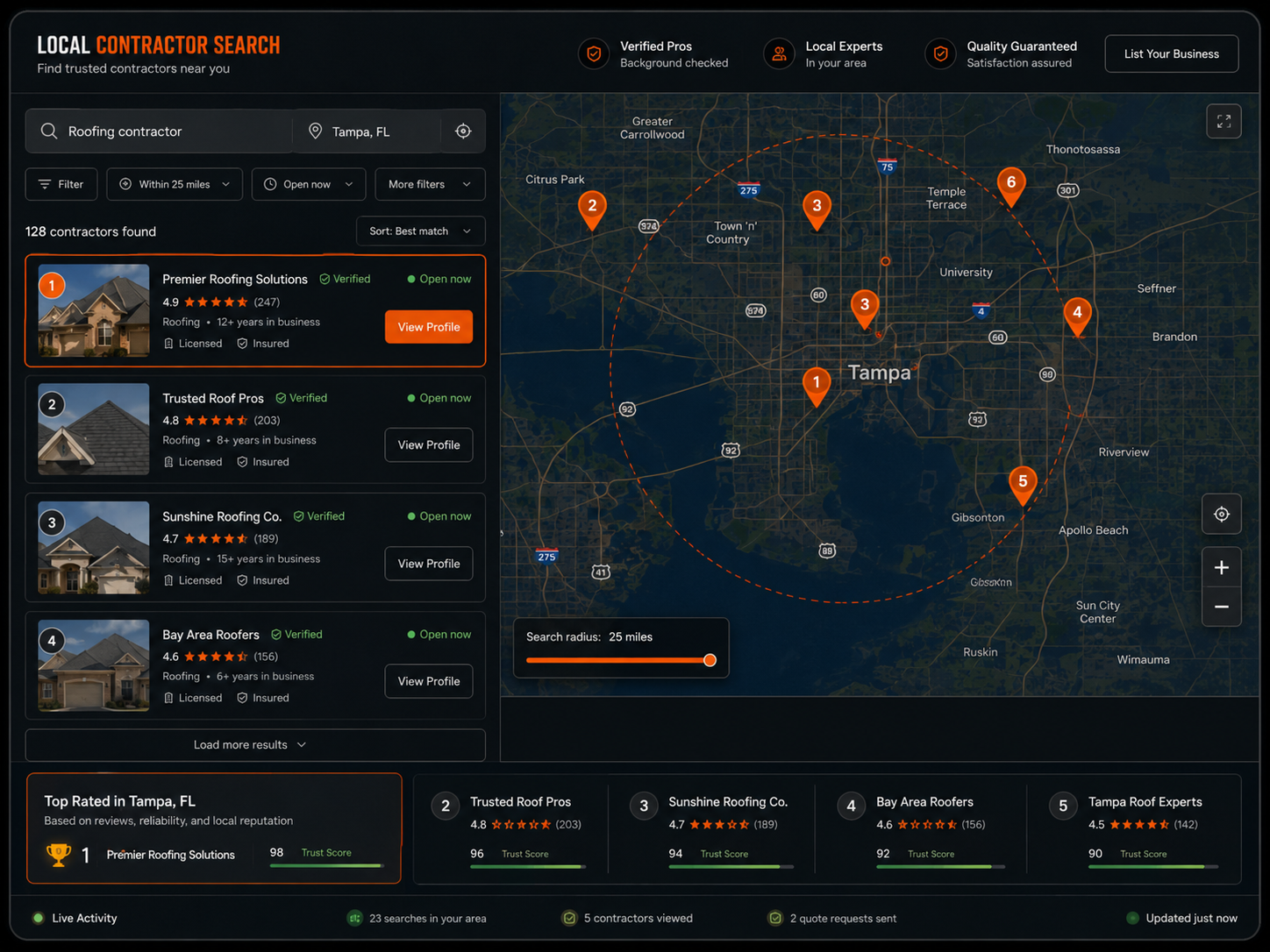 Local map ranking — territory pins around a contractor's metro