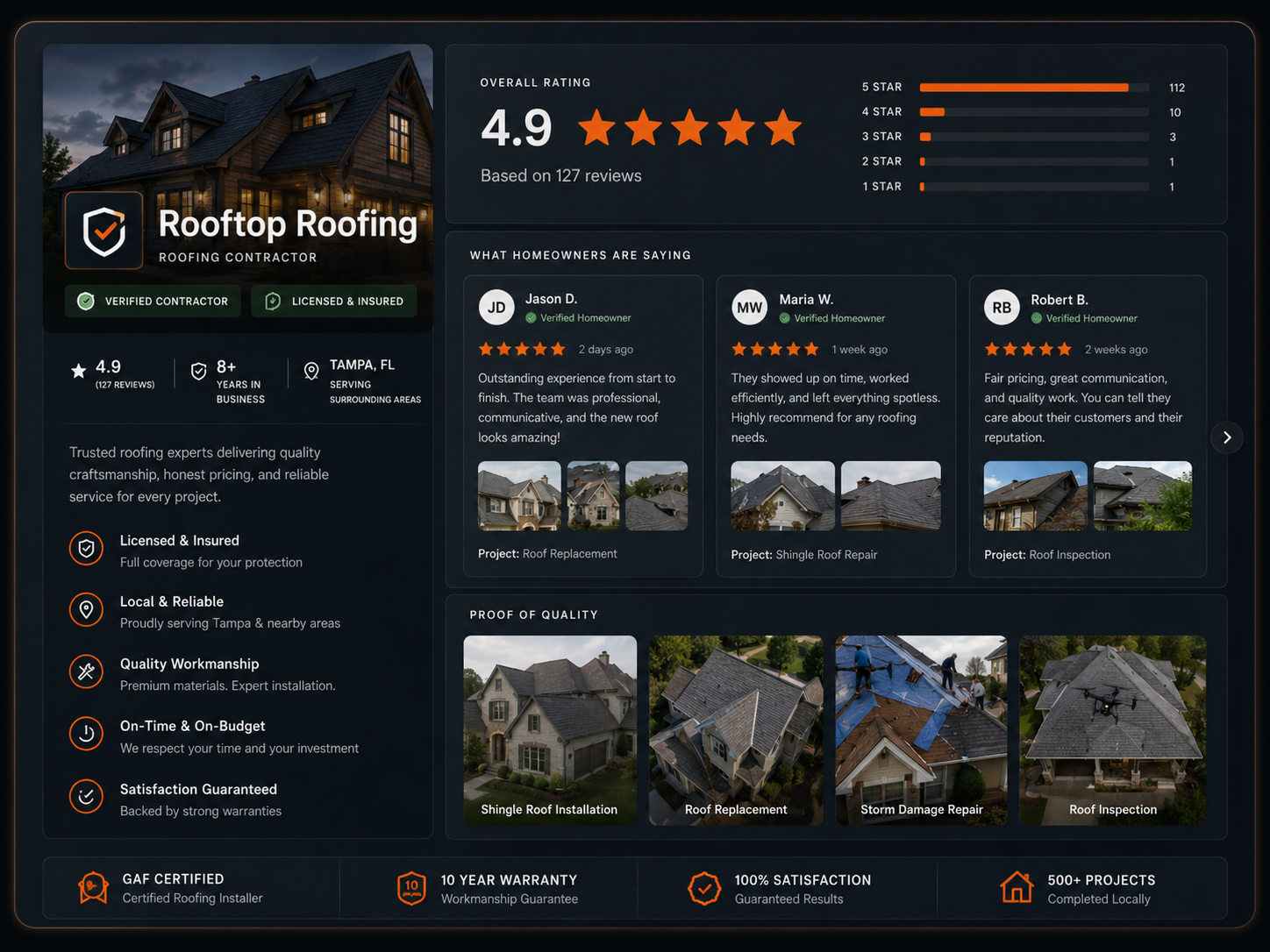 Reviews and proof section of a contractor website on a laptop