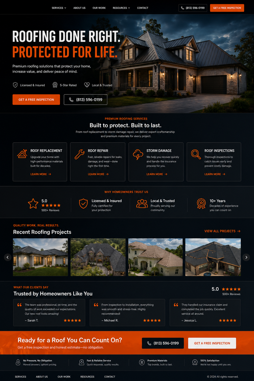 Sample homepage — dark roofing site with hero and trust bar