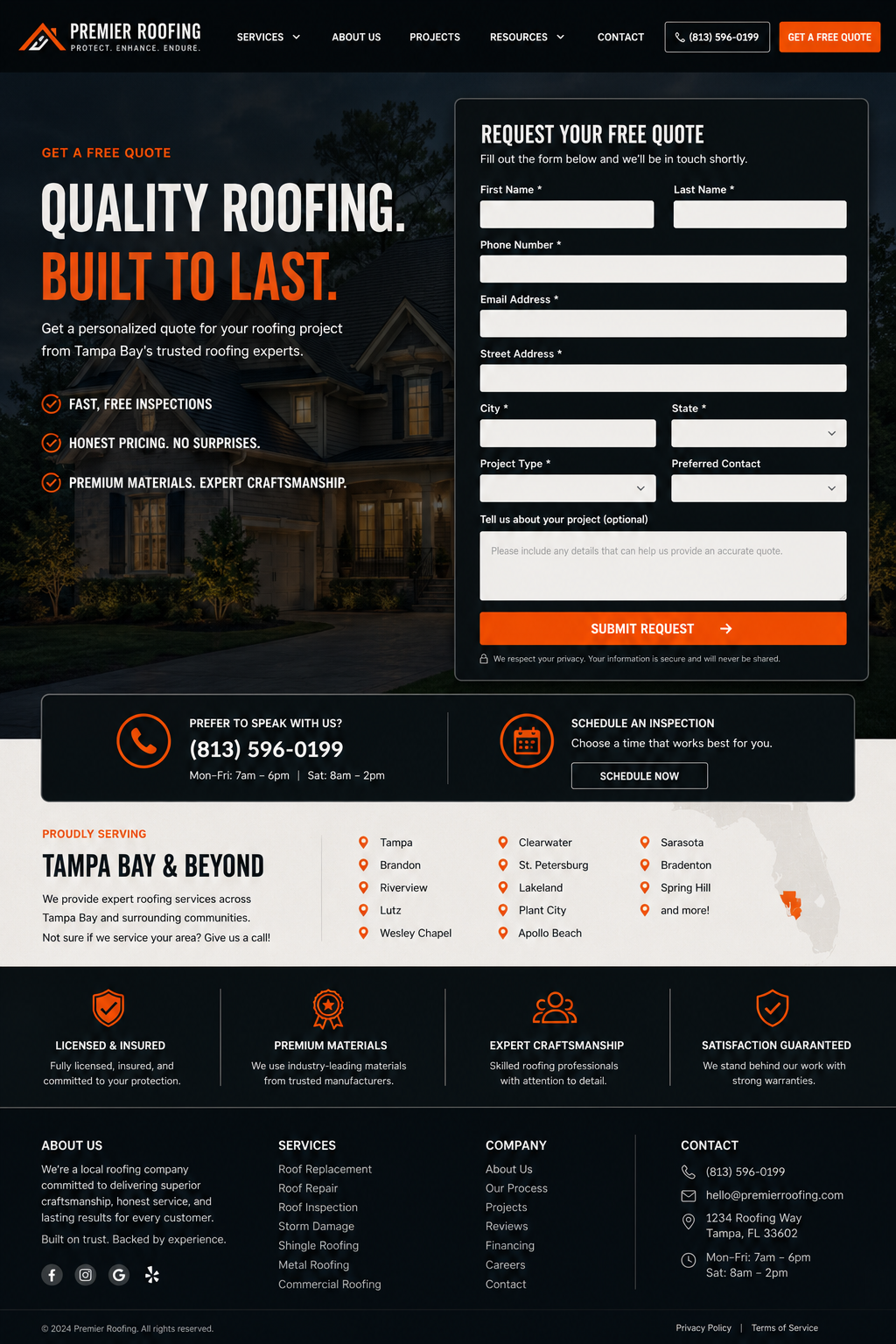 Sample contact page with form and service-area map