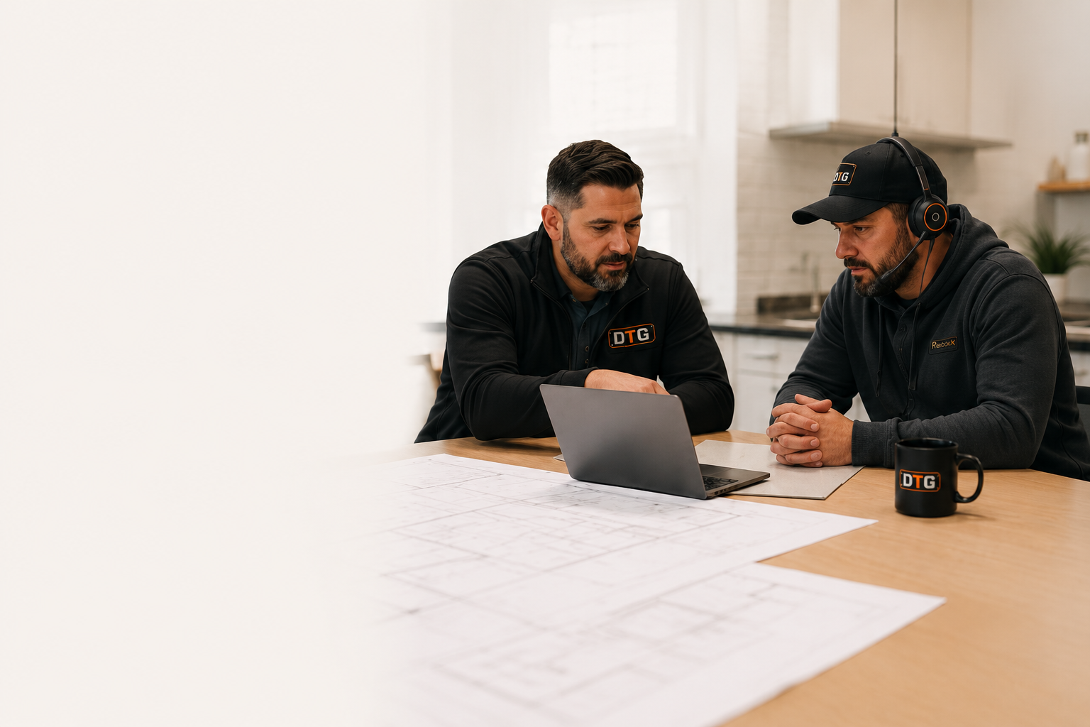 Two contractors reviewing a laptop together over plans