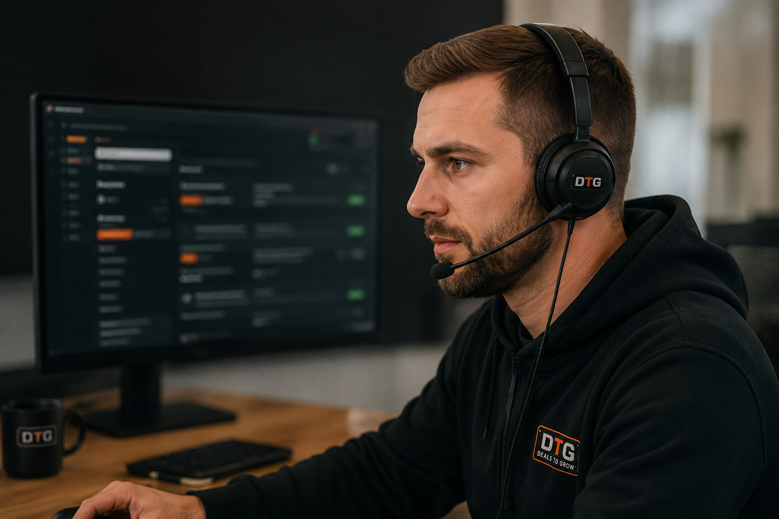 DTG support operator on a headset working a CRM dashboard