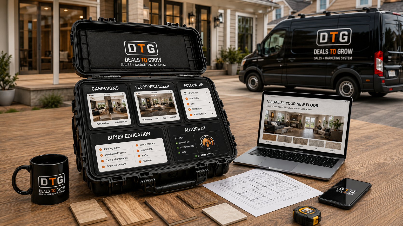 DTG kit case with floor samples and a floor-visualizer laptop on new hardwood