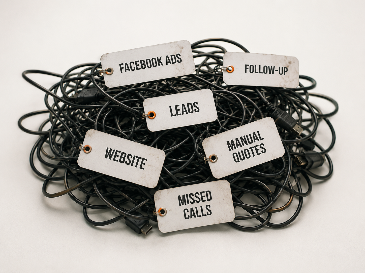 Tangle of cables labelled Facebook Ads, Leads, Missed Calls — disconnected marketing chaos