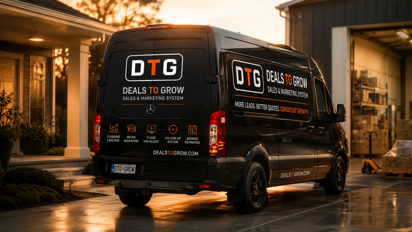DTG branded van parked at dusk outside a flooring job site