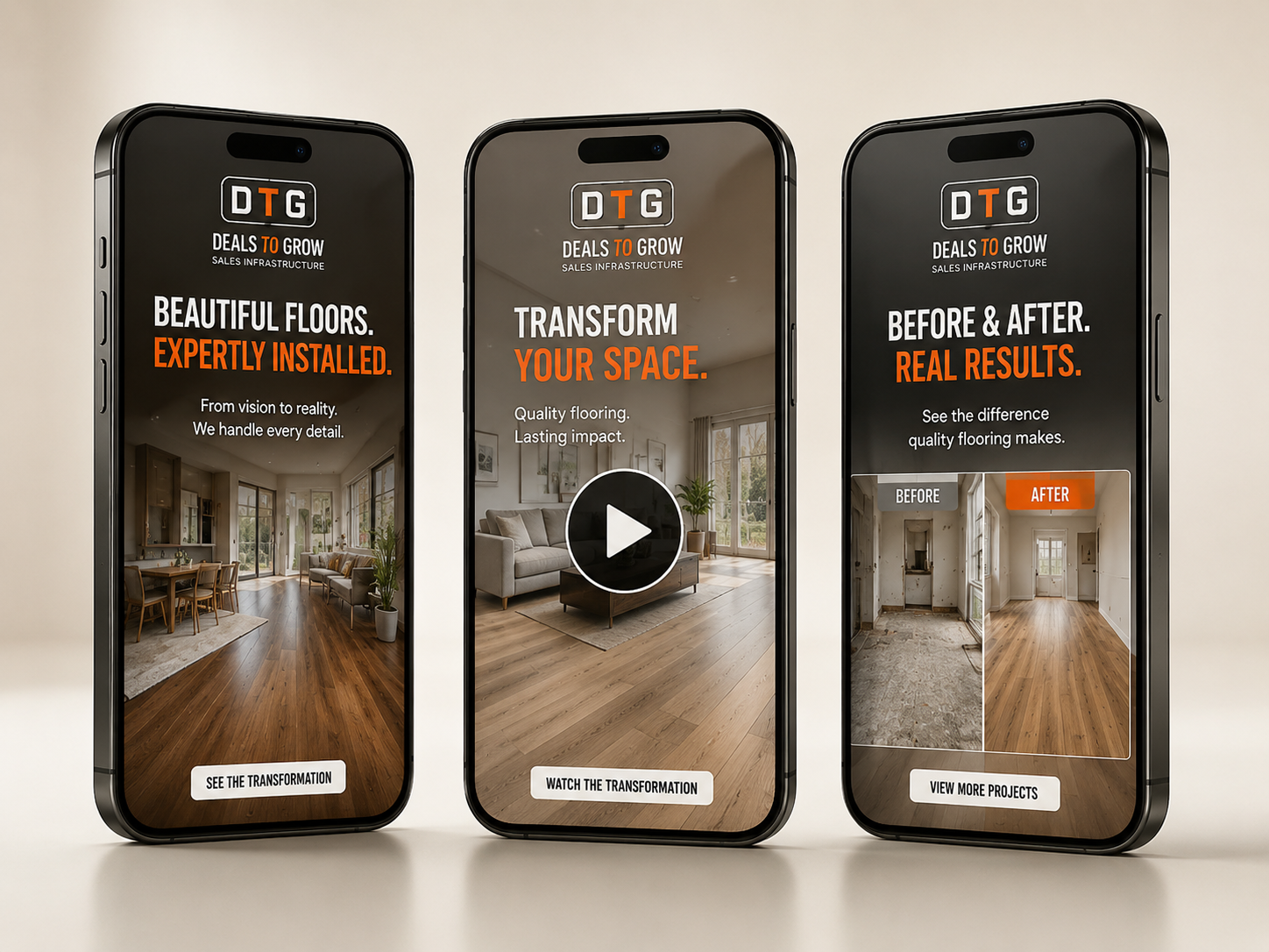Three phones showing flooring campaign ads — Beautiful Floors, Transform, Before and After