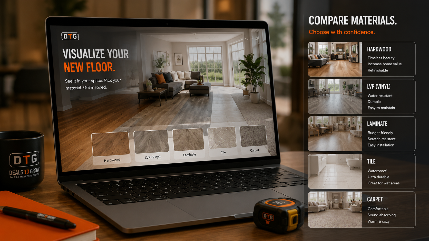 DTG floor visualizer laptop with material comparison panel — hardwood, LVP, laminate, tile