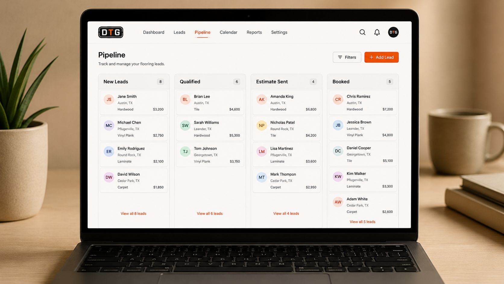DTG CRM pipeline dashboard showing New Leads, Qualified, Estimate Sent, and Booked columns