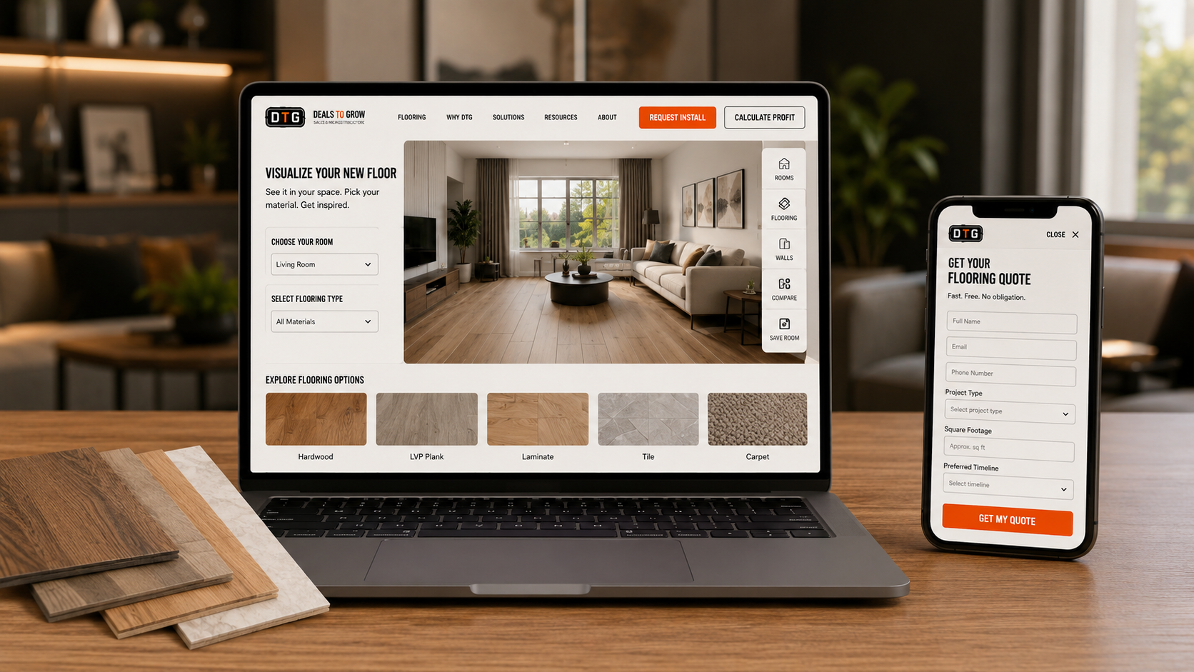 DTG floor visualizer on laptop and phone — choose material, get quote