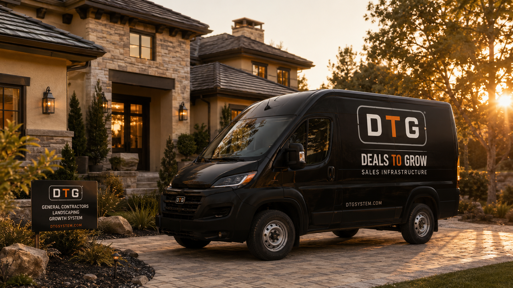 DTG van parked at a finished GC project at dusk