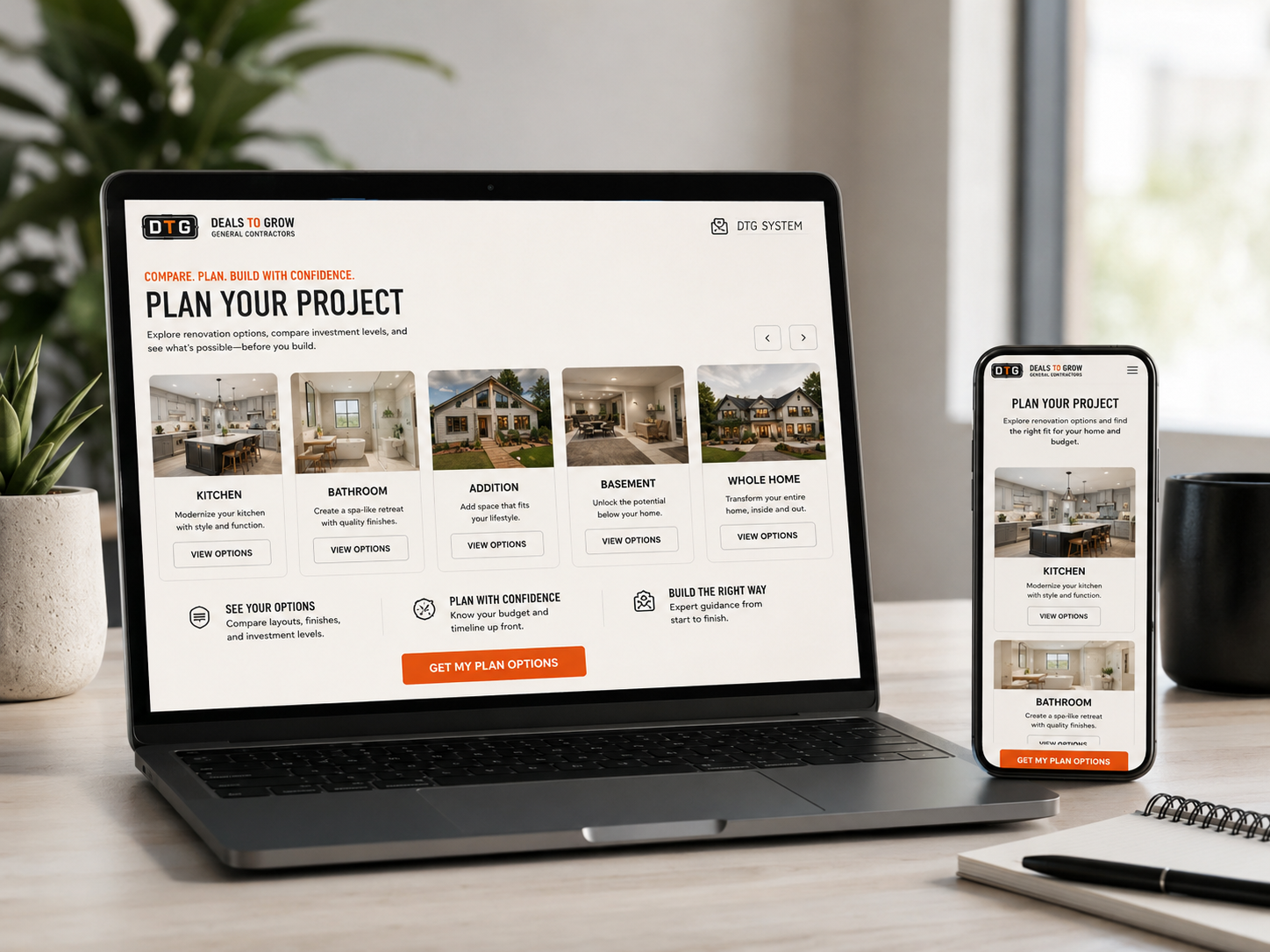 DTG project planner on laptop and phone — kitchens, additions, basements, with budget qualification