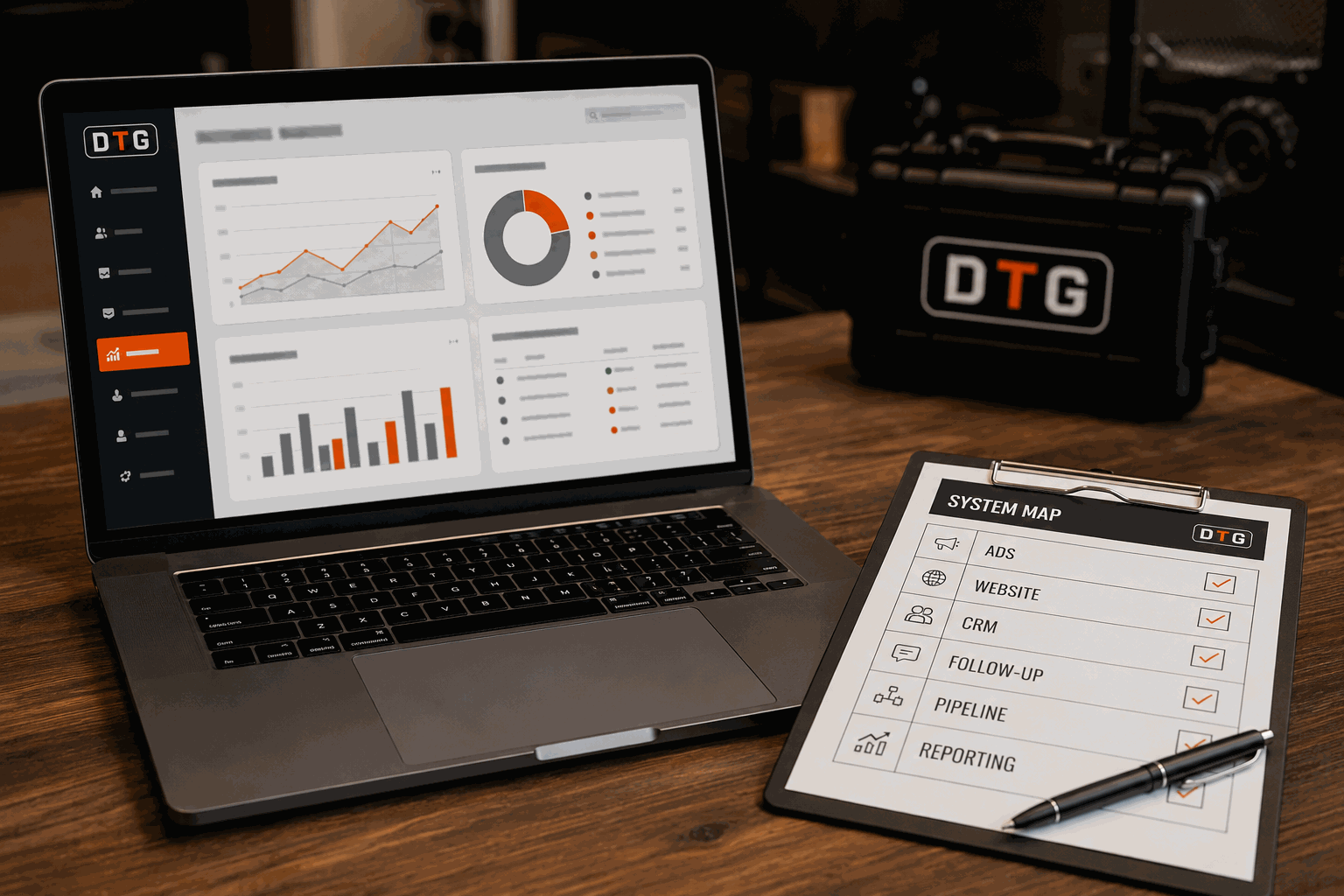 KaChing CRM dashboard on a laptop beside a DTG system-map clipboard