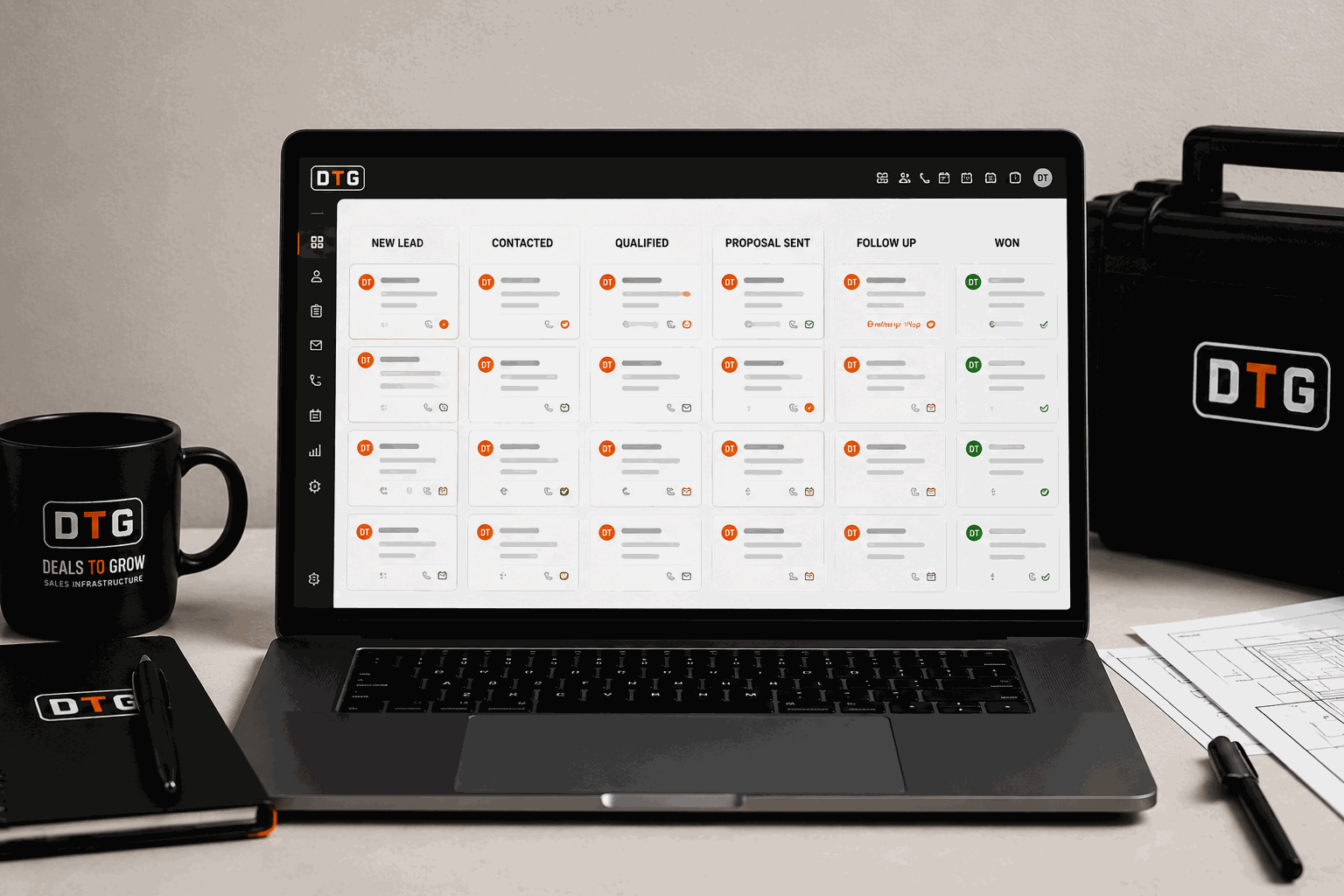 KaChing CRM pipeline on a laptop — leads moving from new through won