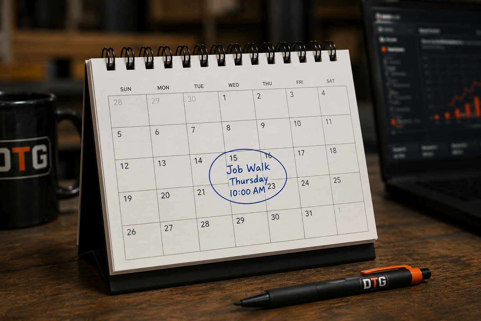 Desk calendar with a booked job walk circled in ink
