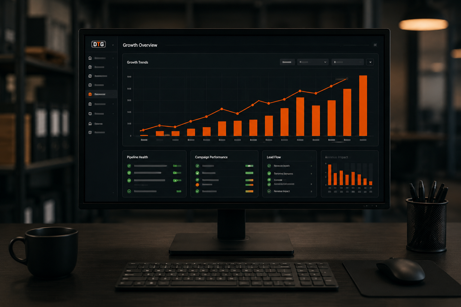 Growth dashboard with rising bar chart on a desk monitor