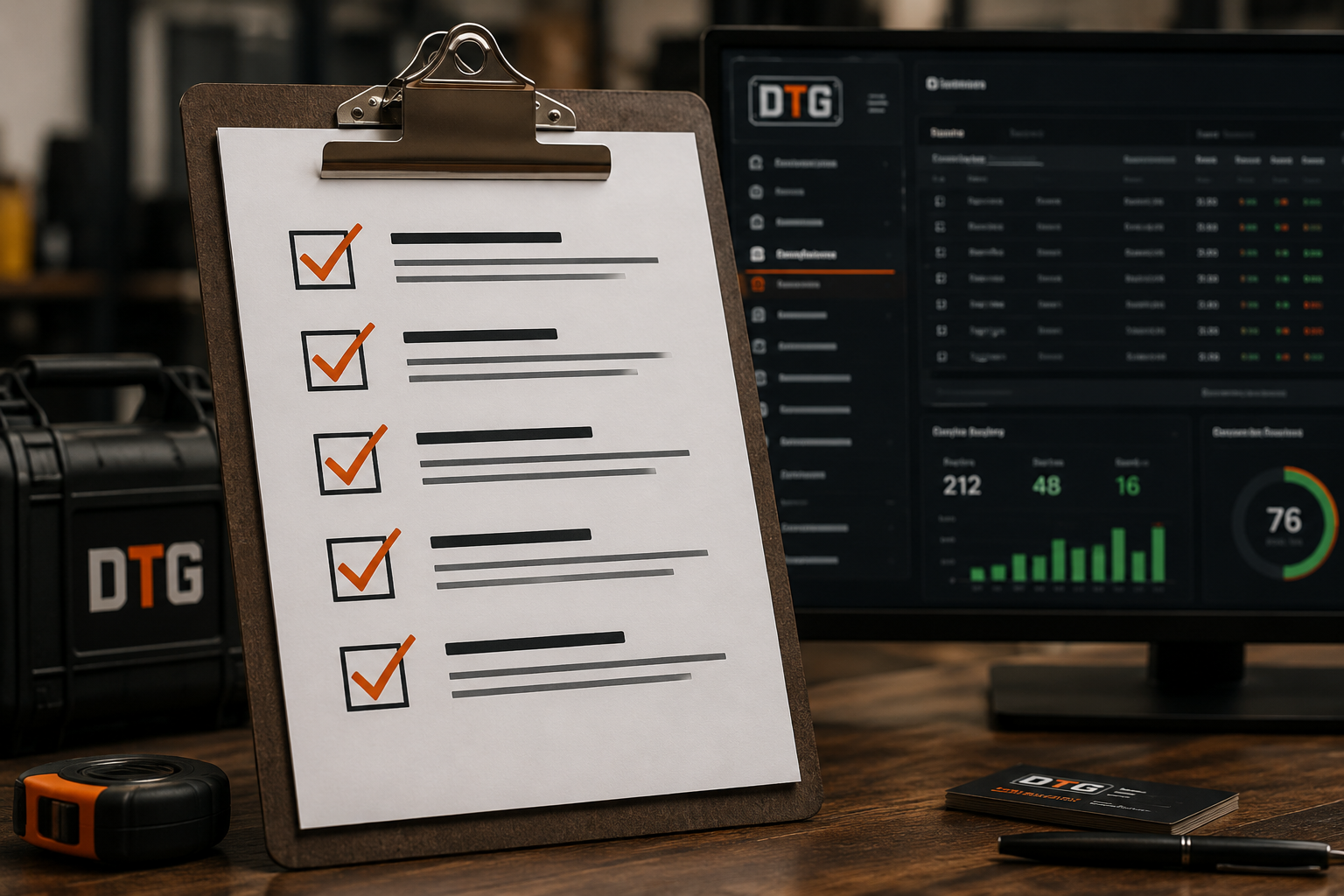 Build checklist on a DTG clipboard beside a CRM dashboard