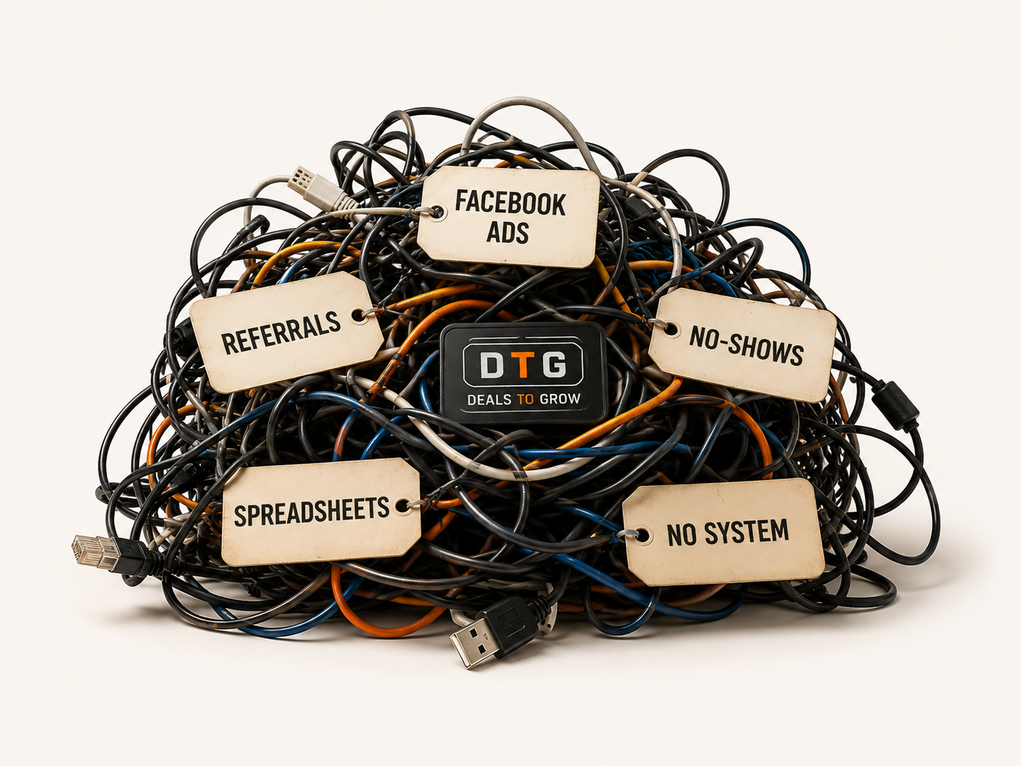 Tangle of disconnected marketing tools — Facebook ads, spreadsheets, no-shows, no system