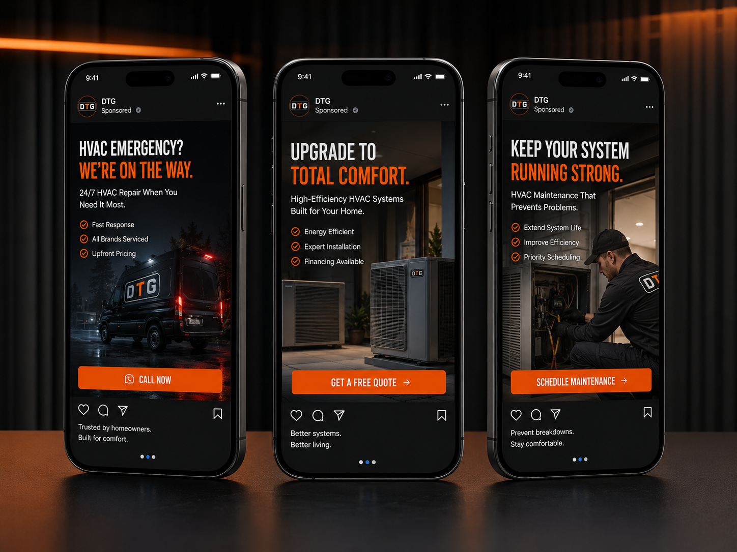 HVAC emergency, upgrade, and maintenance campaigns on three phones